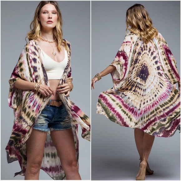 Bellanblue Tops - Bohemian Tie Dye Kimono Pink White Cover up
